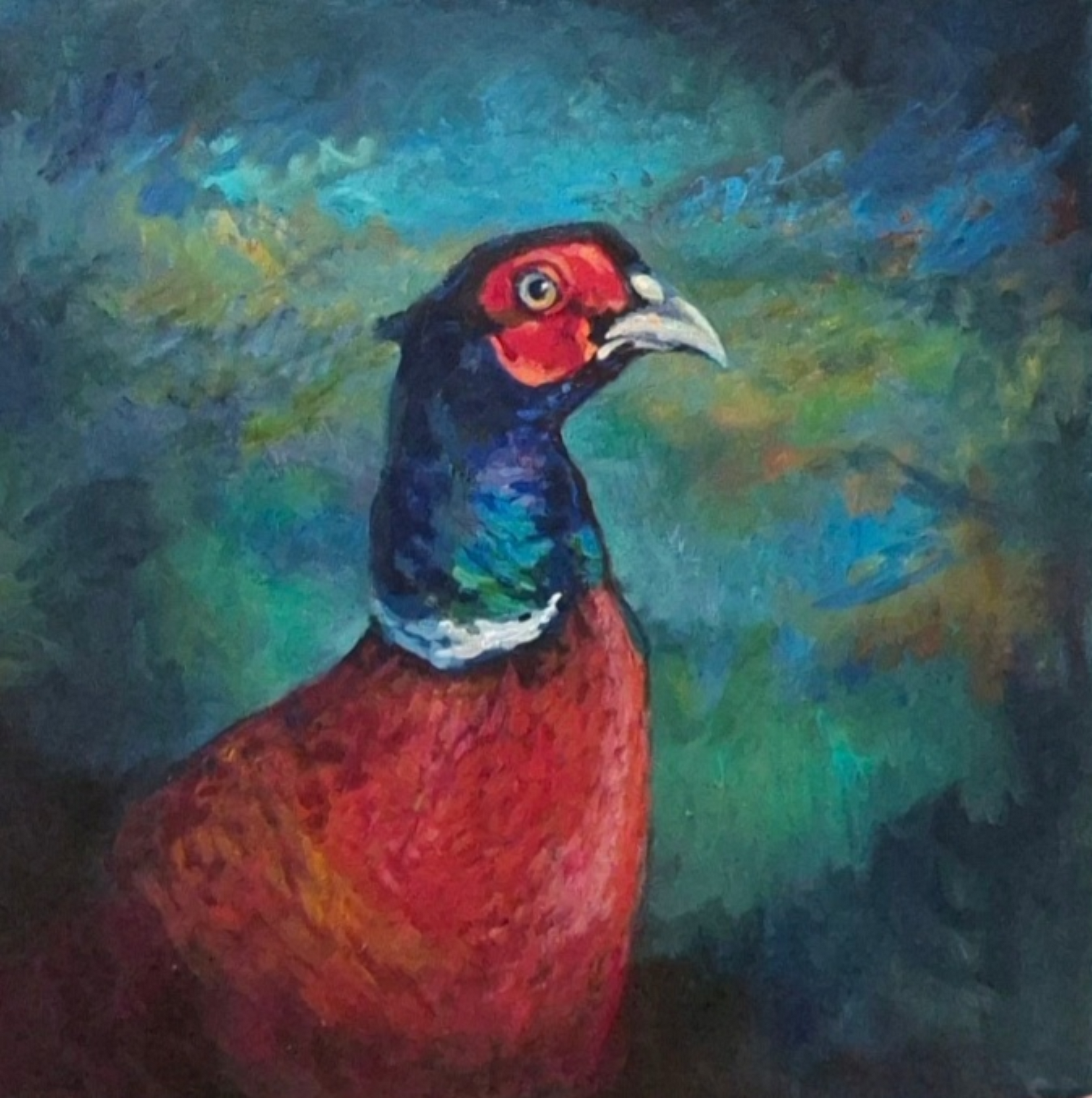 Sir Rouge - Original Pheasant Painting in Acrylic and Oil -50 x 50 cm/20 x 20 " - Animal Art by Susan Gardner - Contemporary Expressionist - Colourful Fine Art