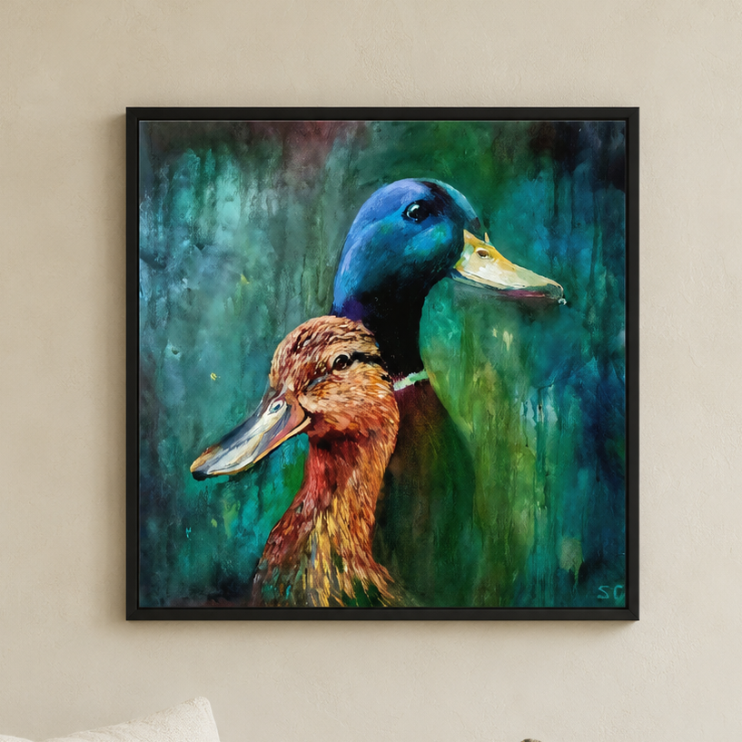 Puddle Ducks: ducks framed canvas print.