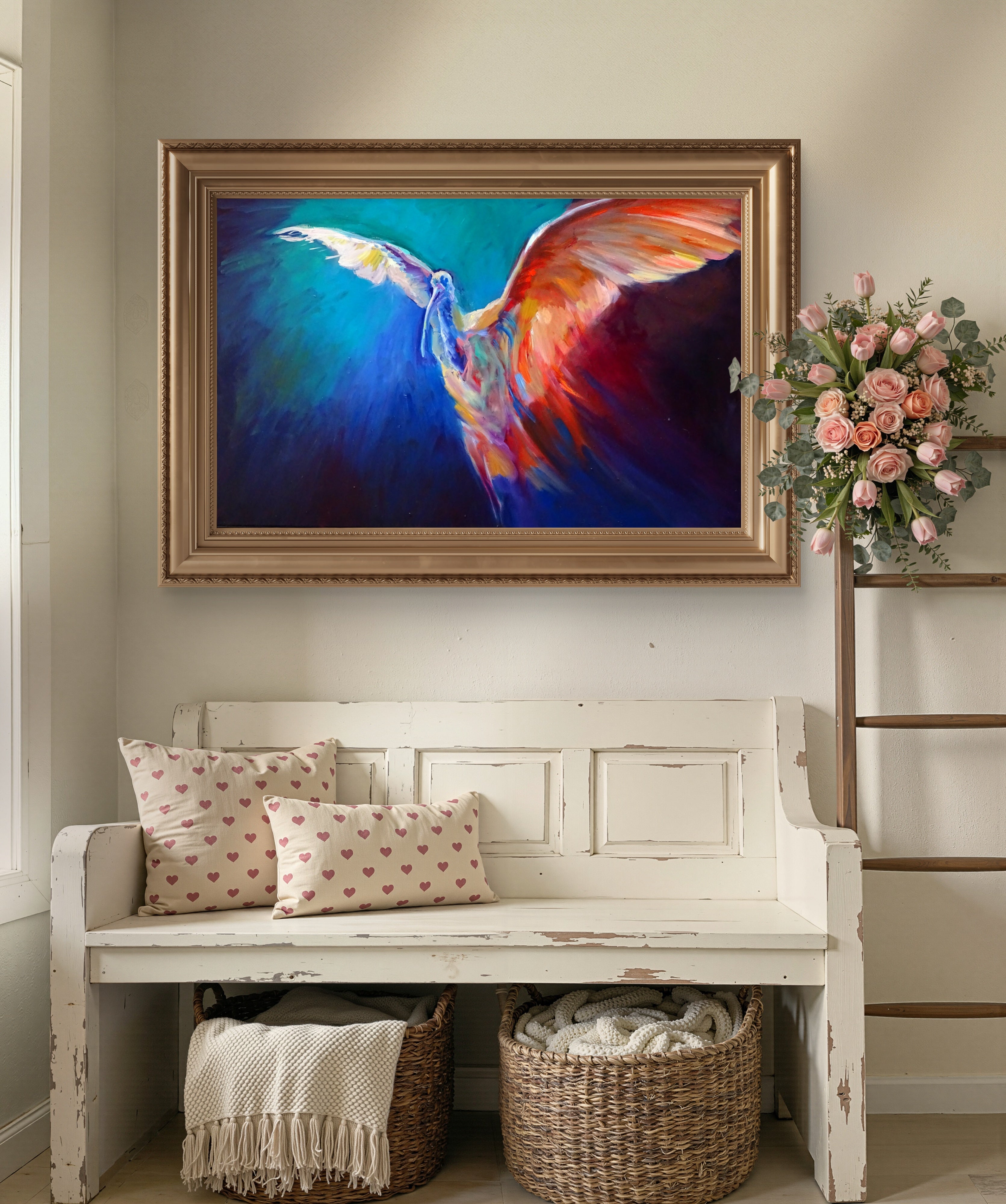 'Wing of Fire' - Scarlet Ibis Oil Painting on Canvas- 50 x 80 cm /20 x 36" - Animal Art by Susan Gardner - Contemporary Expressionist - Colourful Fine Art