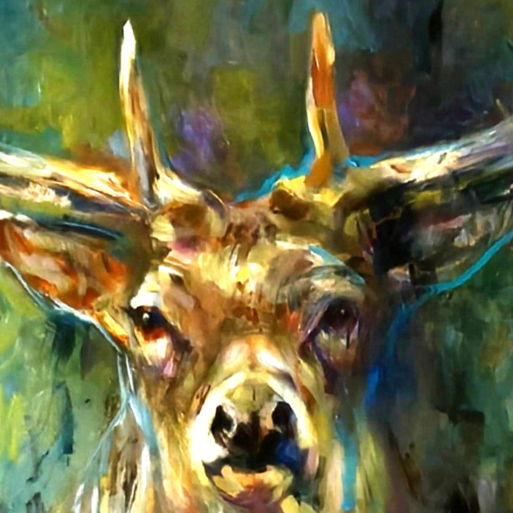 'In the Light' - Original Stag Painting 60 x 80 cm - Animal Art by Susan Gardner - Contemporary Expressionist - Colourful Fine Art