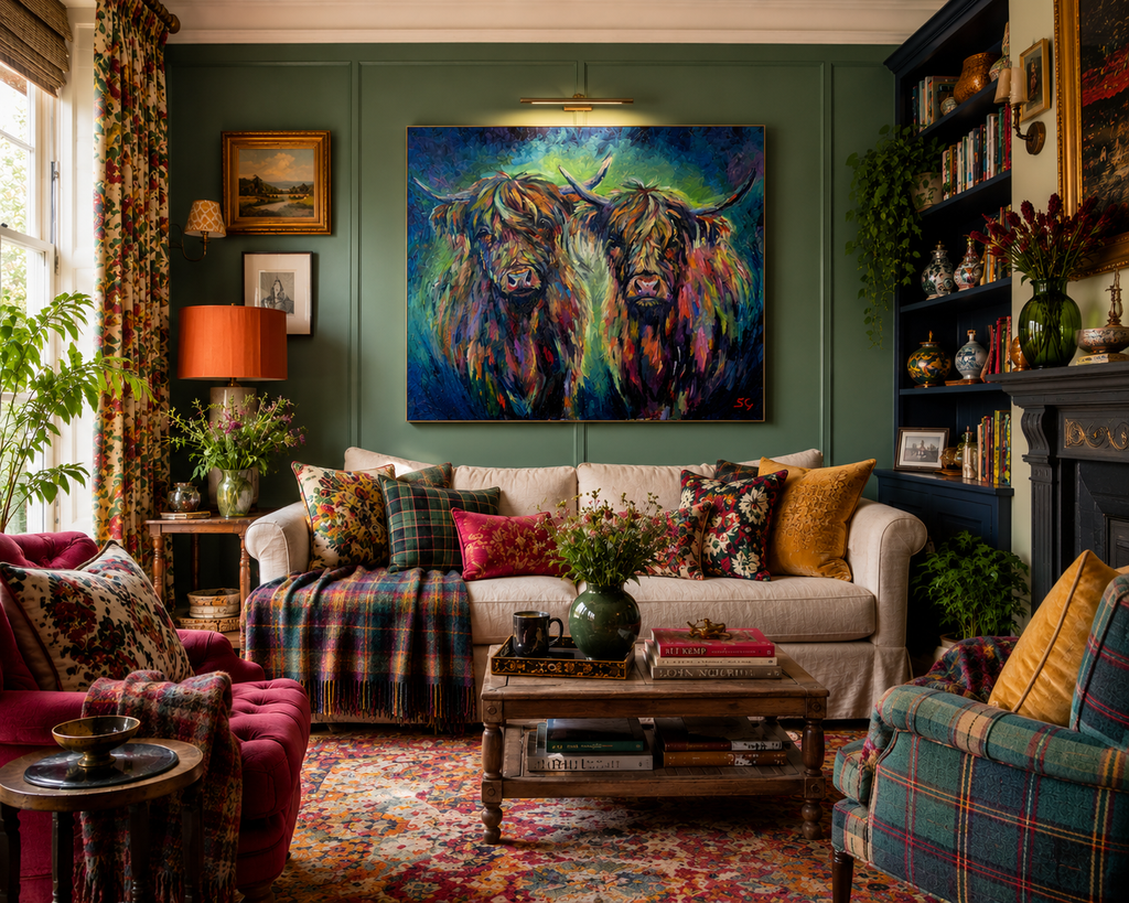 The Dream Team - Original Highland Cows Oil Painting 120 x 100 cm - Susan Gardner Uk Wildlife Art - Leicestershire UK