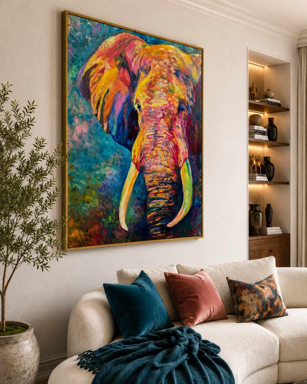 Colorful elephant painting on a wall above a sofa with decorative pillows.