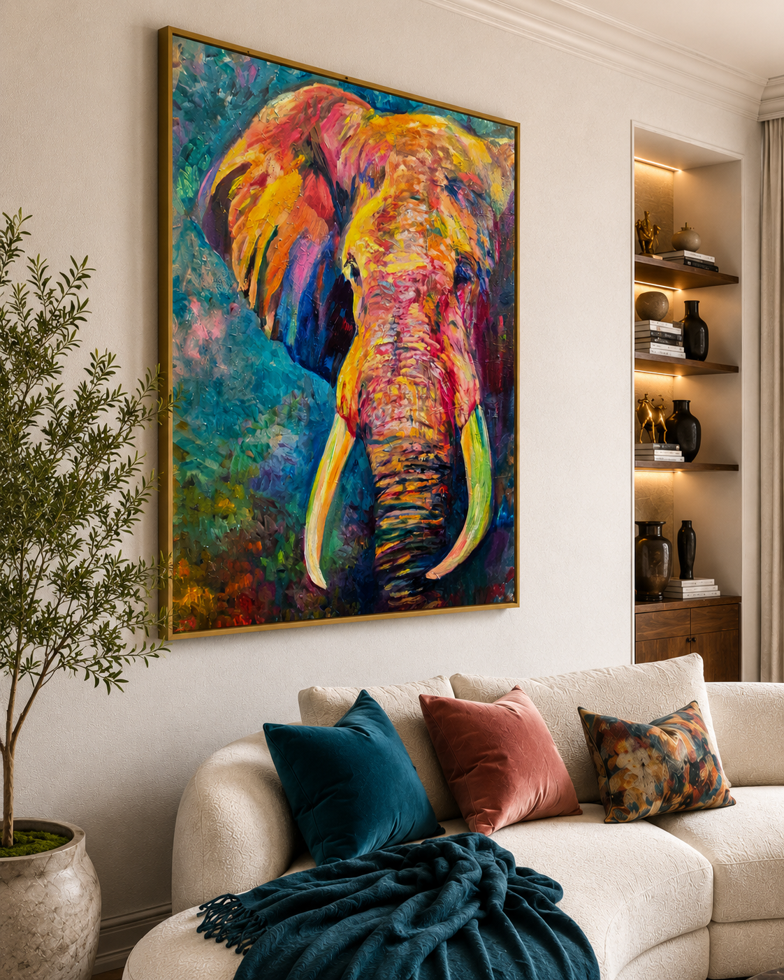 Colorful elephant painting on a wall above a sofa with decorative pillows.