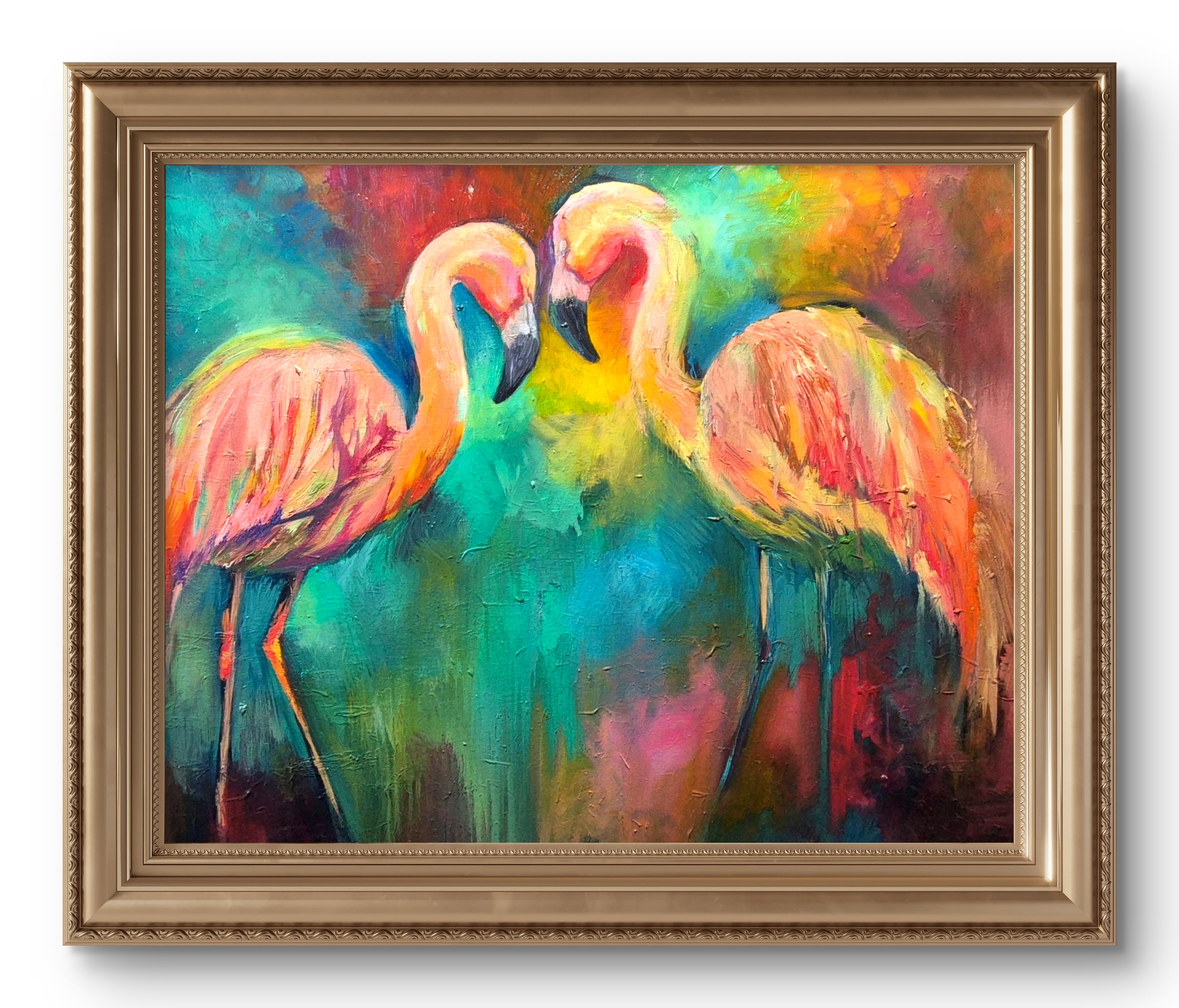 'Tropical Dancers' - Original Flamingo Oil Painting - 80 x 100 cm/30 x 40 " - Animal Art by Susan Gardner - Contemporary Expressionist - Colourful Fine Art