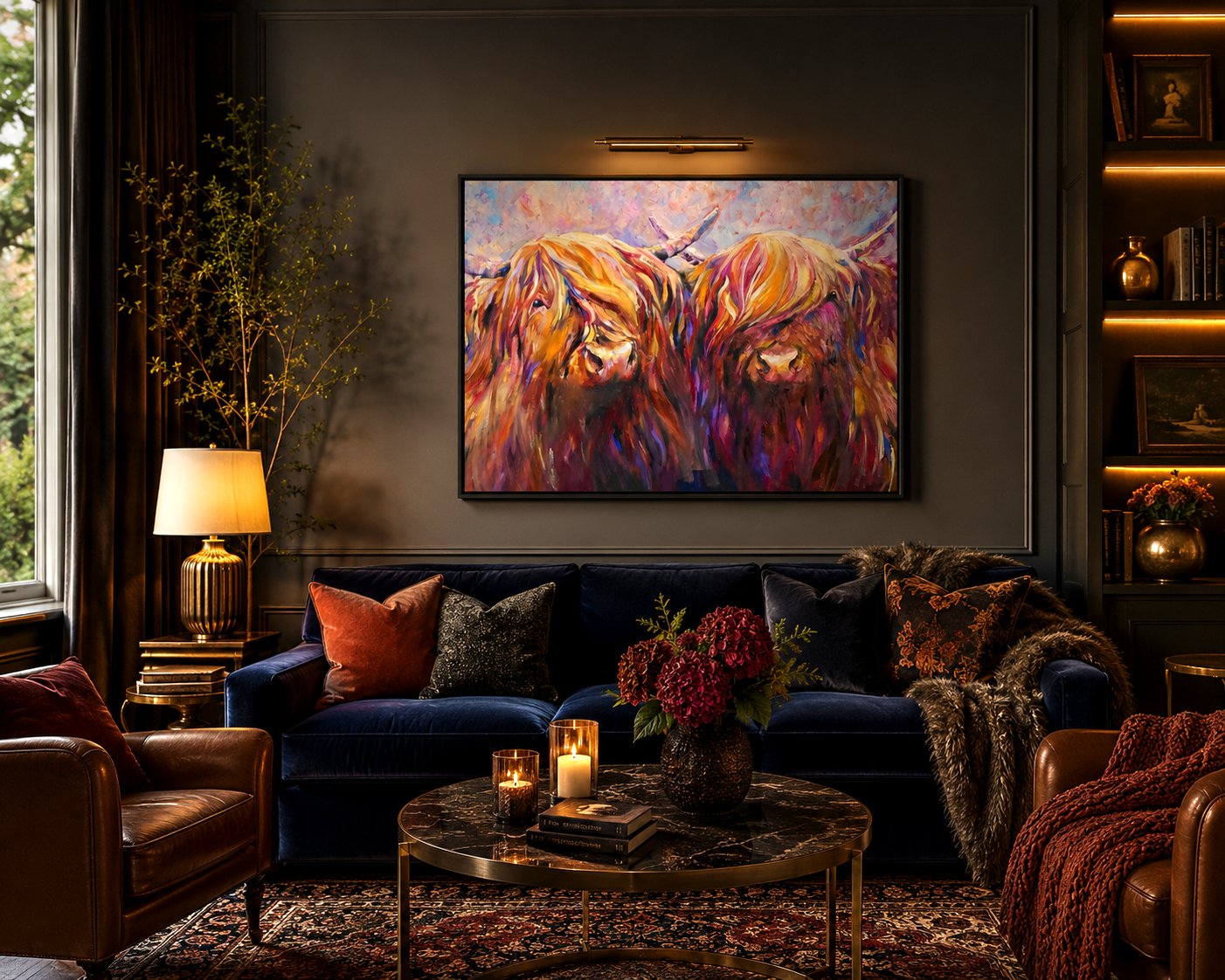 Cozy living room with a colorful abstract painting of two horses on the wall.