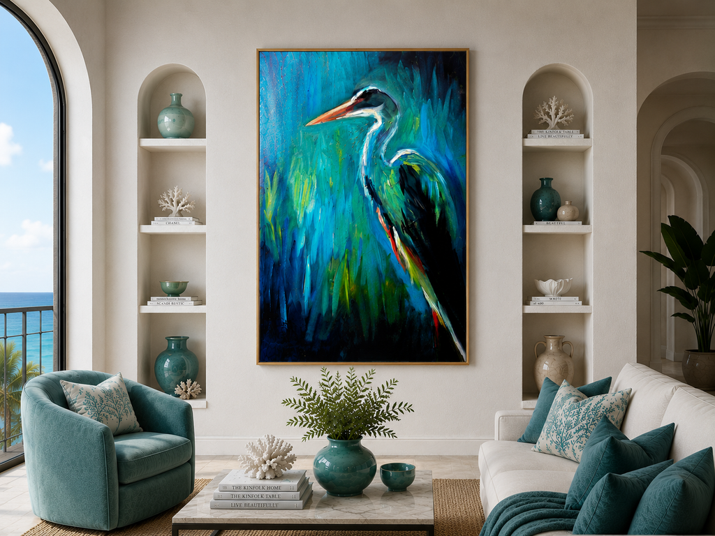 Living room with a large painting of a heron, shelves with decor, and a view of the ocean.