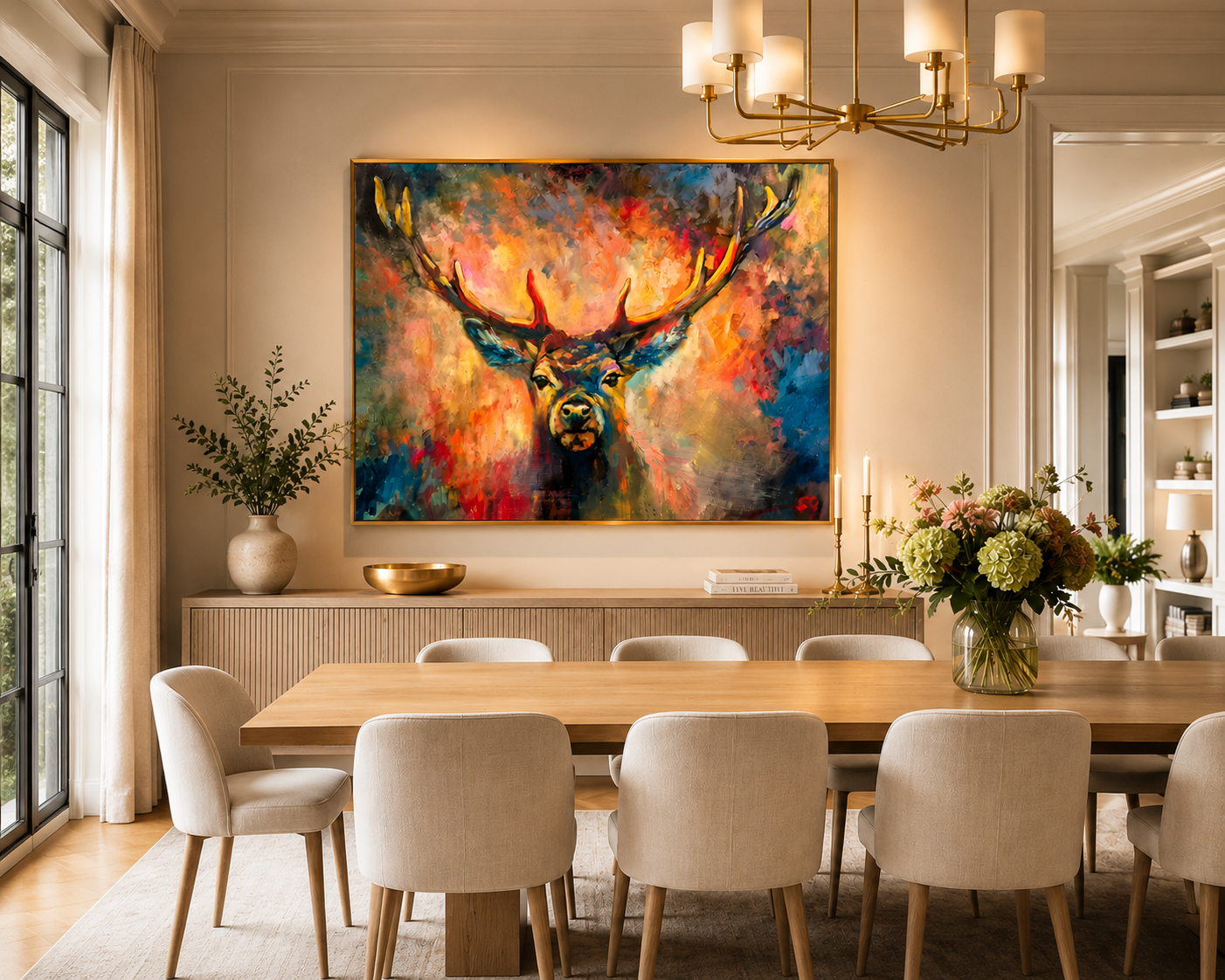 Dining room with a large abstract painting of a deer on the wall.