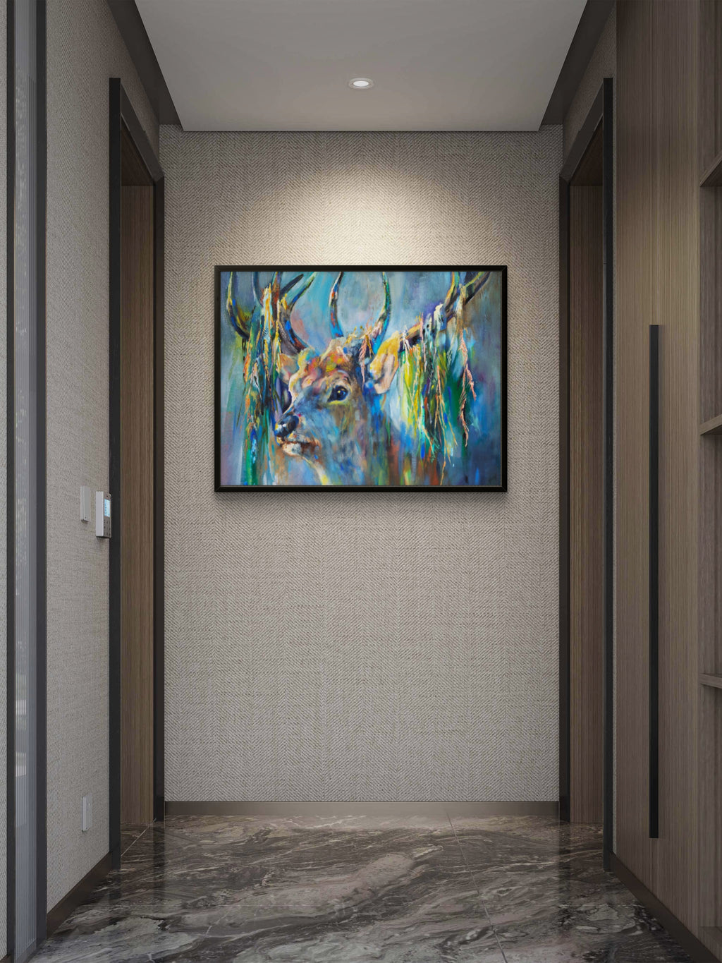 Silver Stag Framed Canvas - - susan gardner - uk artist - colourful animal art