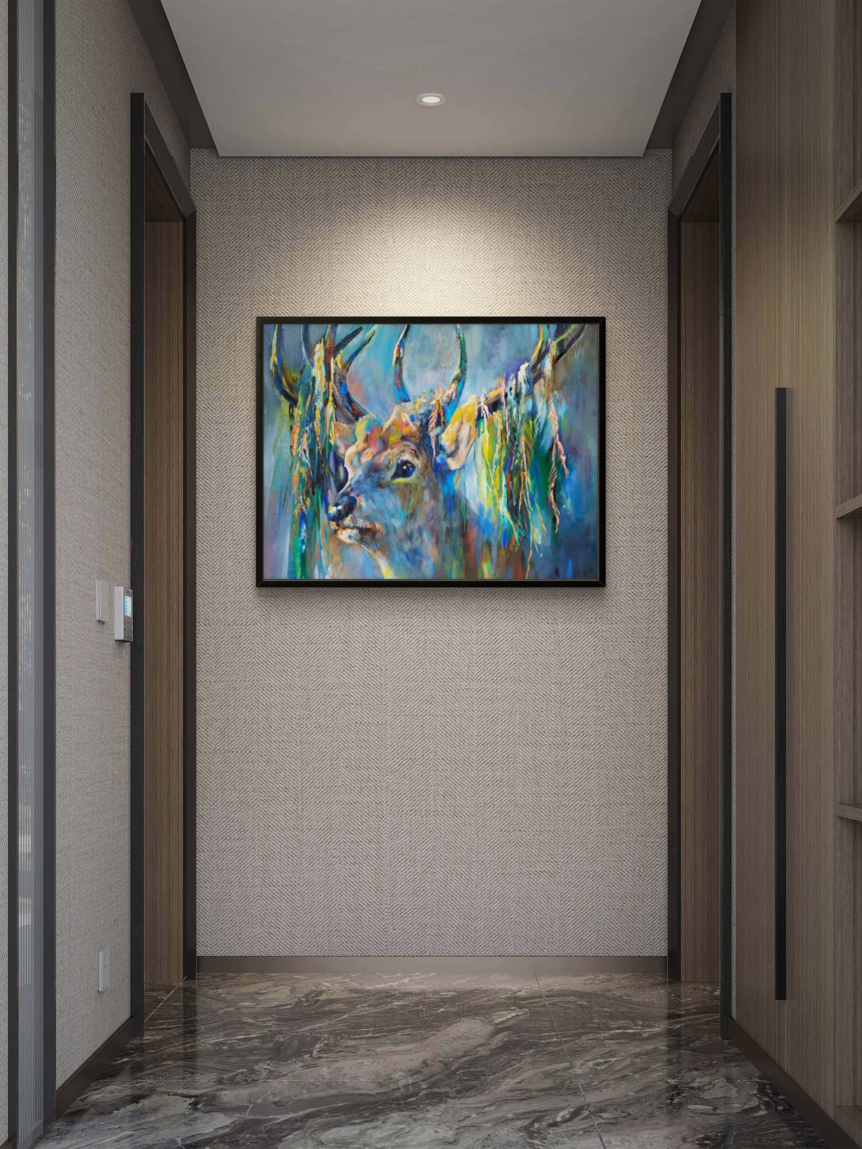 Silver Stag Framed Canvas - Animal Art by Susan Gardner - Contemporary Expressionist - Colourful Fine Art