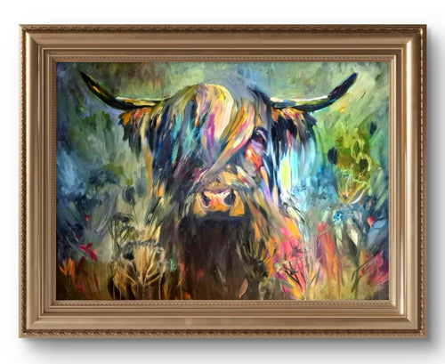 Framed abstract painting of a highland cow with colorful brushstrokes on a white background