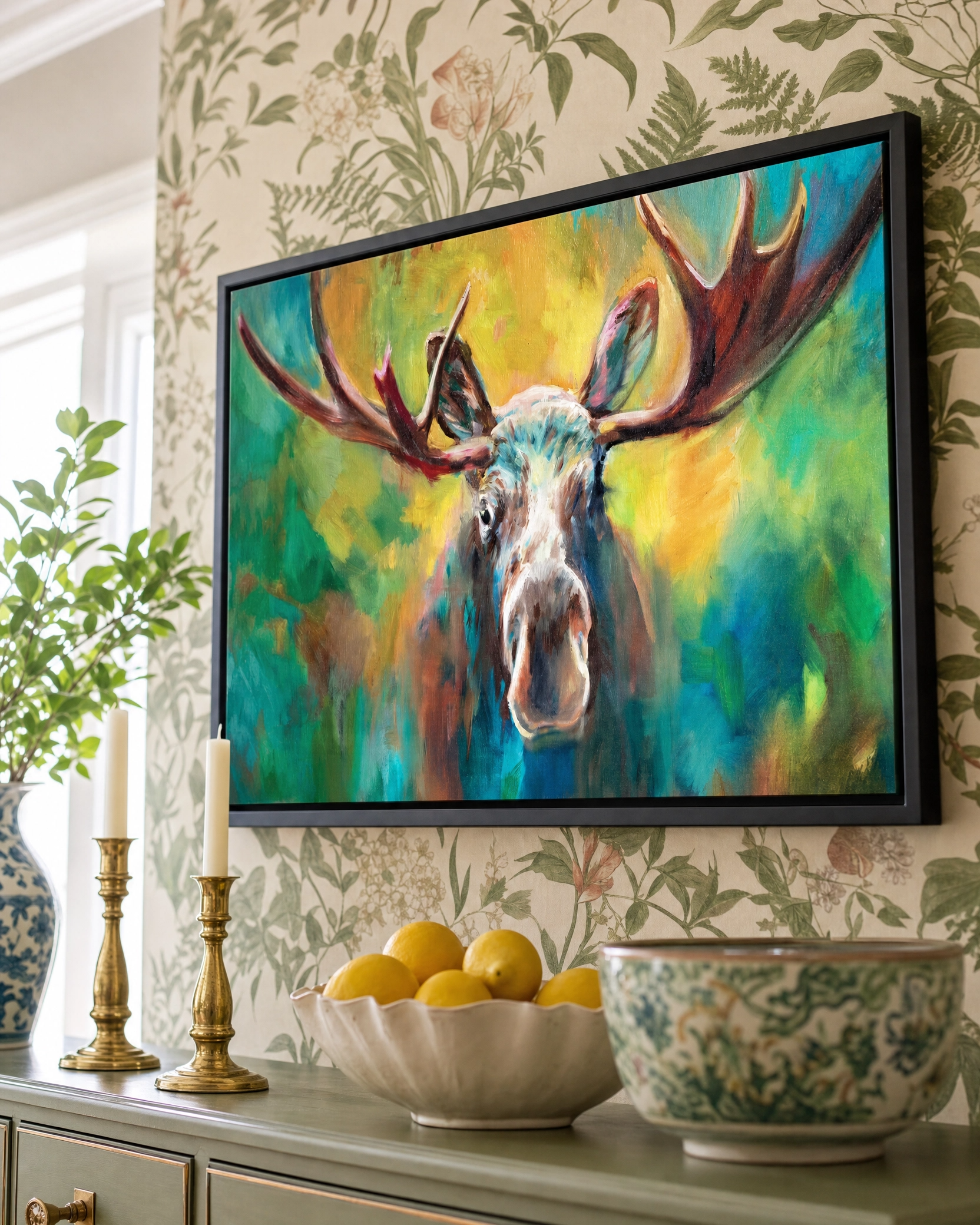 Framed painting of a moose on a wall above a decorative cabinet with fruit and candles.