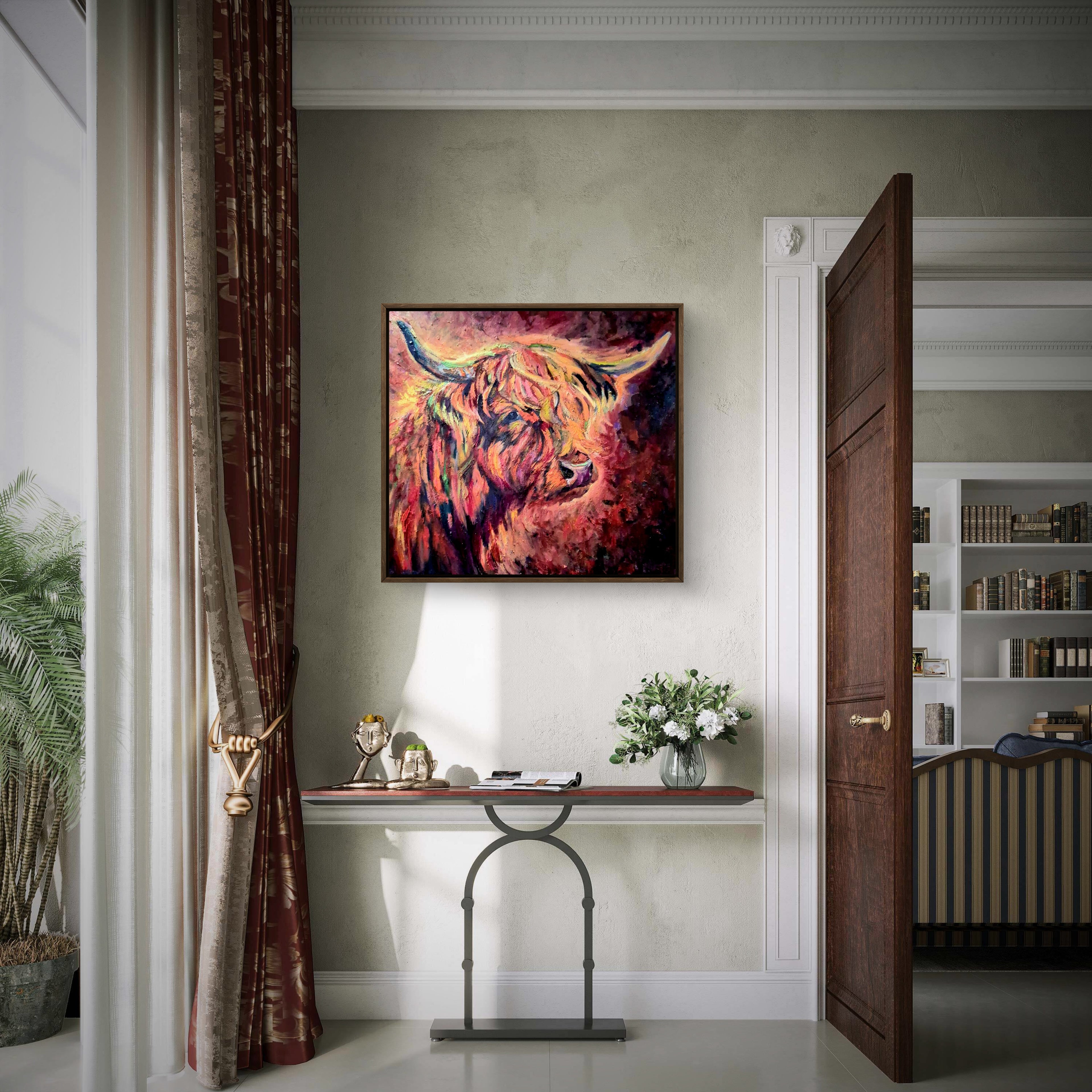 'Sunset at Braemar' - Original Highland Cow Oil Painting-60 x60 cm \ 24 x 24" - Animal Art by Susan Gardner - Contemporary Expressionist - Colourful Fine Art