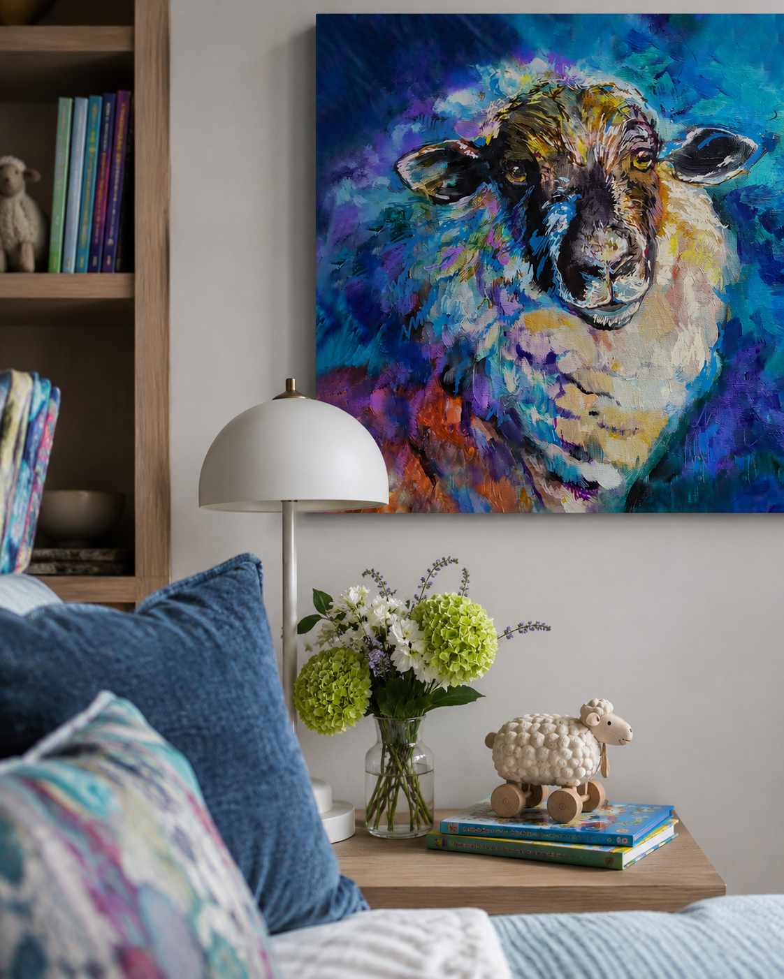 Colorful abstract painting of a sheep on a wall above a wooden side table with decorative items.