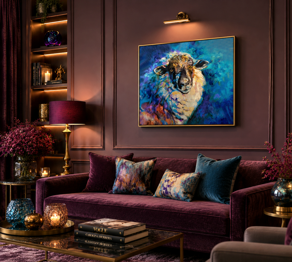 Living room with a purple sofa, colorful painting of a sheep, and decorative items.
