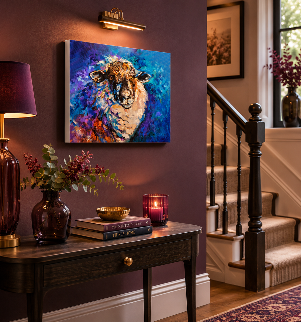 Decorative interior with a painting of a sheep on a wall, a lamp, books, and flowers on a table.