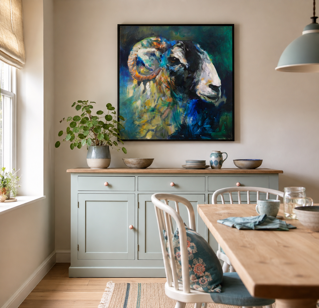 A large framed painting of a ram in vibrant blue, green, and yellow tones hangs on a beige wall above a light blue-green wooden credenza in a styled dining room.