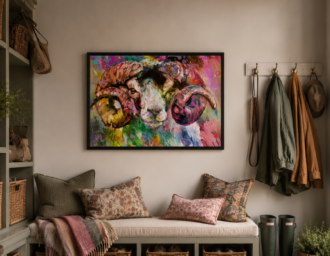 Colorful abstract painting of a ram on a wall above a bench with pillows and a blanket.