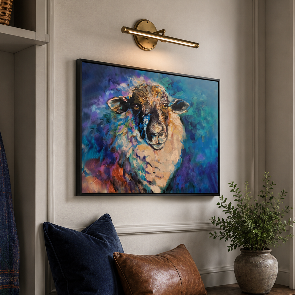 Colorful painting of a sheep on a wall above a wooden bench with pillows and a plant.