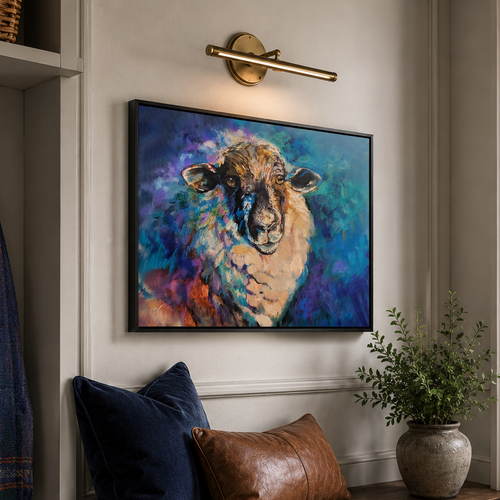 Colorful painting of a sheep on a wall above a wooden bench with pillows and a plant.