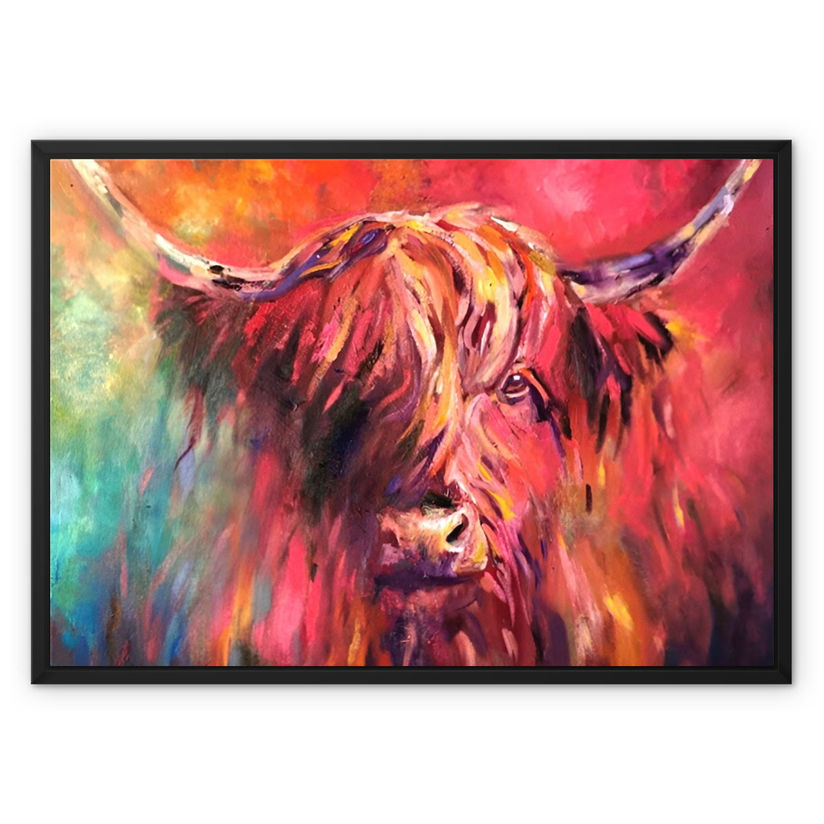 A framed colorful painting of a Highland cow with long horns, shown against a plain white background.