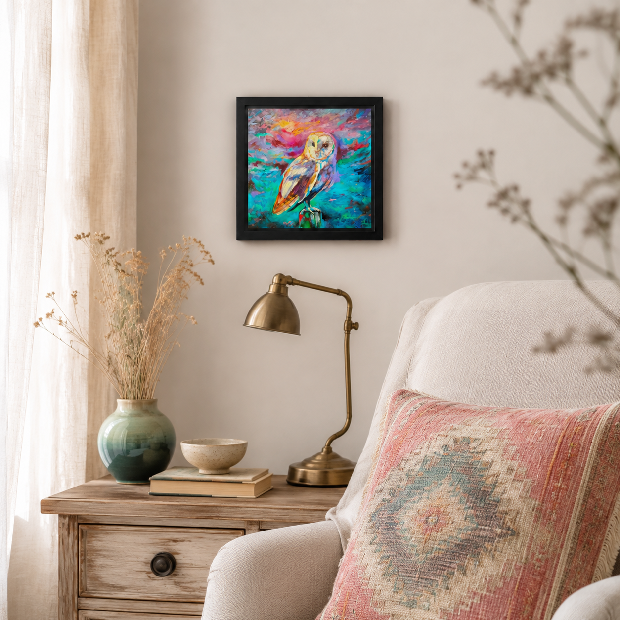 A colorful framed painting of an owl hanging on a beige wall in a styled living room setting with a wooden side table, brass lamp, and patterned throw pillow.
