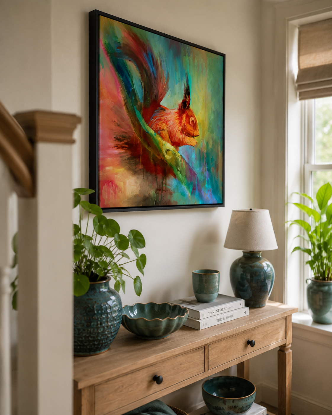 A colorful framed wall art print depicting a stylized squirrel in motion, displayed in a bright, modern room above a wooden console table with plants and a lamp.