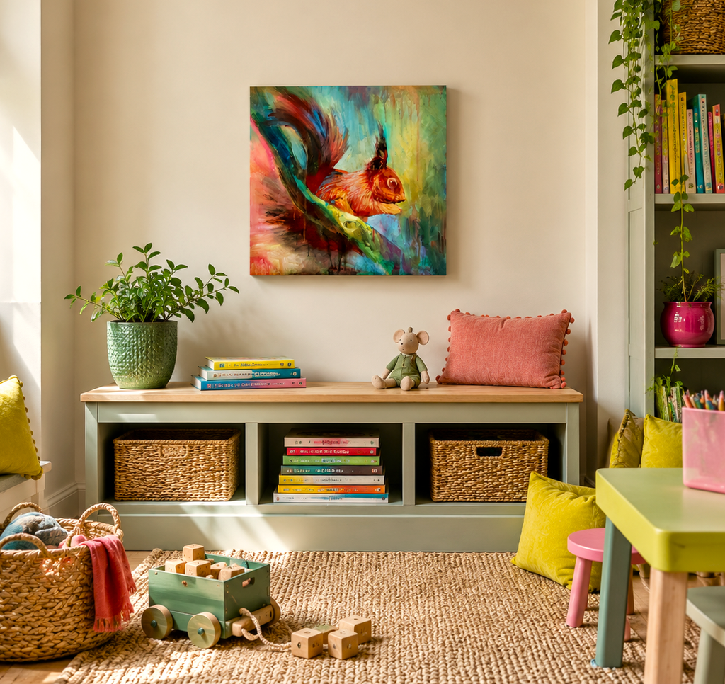 A colorful square canvas painting of a squirrel hangs on a beige wall above a light gray children's bench in a styled playroom. The room features a woven rug, wooden toys, a green potted plant, a pink cushion, and a green table.
