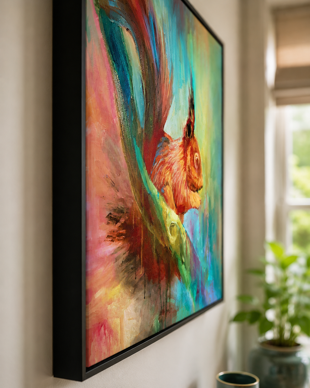 A framed vertical canvas painting of a colorful squirrel hanging on a beige wall in a bright room, with a window and green plant visible in the background.