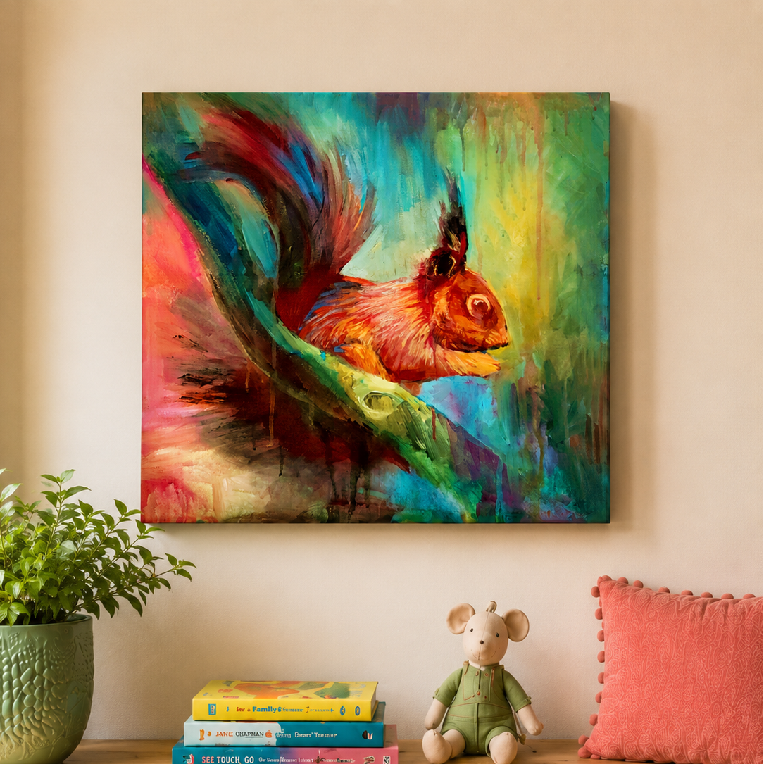 A colorful canvas wall art print depicting a squirrel on a branch, displayed in a styled room setting above a console table with a plant, books, a stuffed mouse, and a pink pillow.