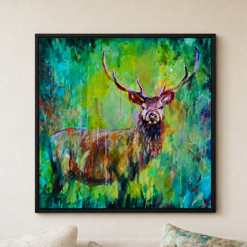 A framed square canvas print of a painted stag with large antlers, displayed on a beige wall above a sofa with textured pillows.