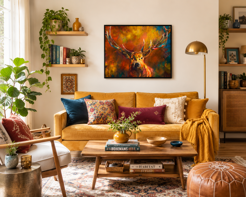 Cozy living room with a yellow sofa, colorful pillows, and a deer painting on the wall.
