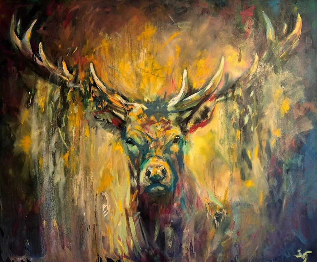 a big stag painting in shades of gold, brown and green