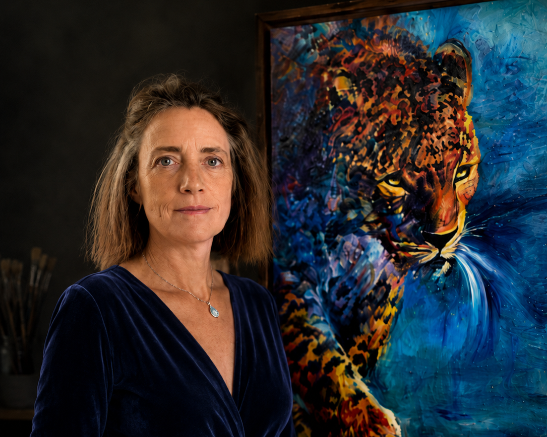 A woman with shoulder-length brown hair stands in a dark studio or gallery setting, wearing a deep navy velvet wrap dress. To her right is a large canvas painting of a leopard or snow leopard rendered in vivid blues, oranges, and yellows, with an easel partially visible below.