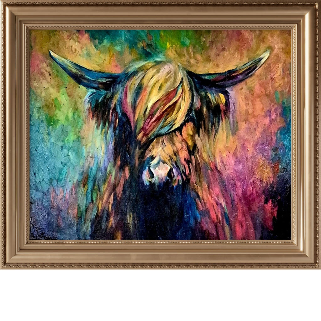 'Ballantine' Original Highland Cow Oil Painting 40 x 30"/80 x 100 cm - Animal Art by Susan Gardner - Contemporary Expressionist - Colourful Fine Art