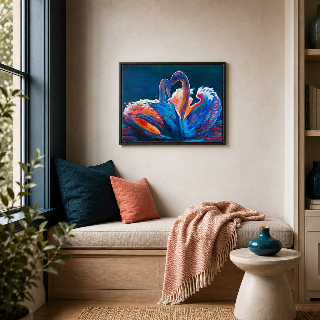 A colorful framed painting of two swans with heart-shaped necks hangs on a beige wall above a wooden bench with pillows and a throw blanket in a styled room.