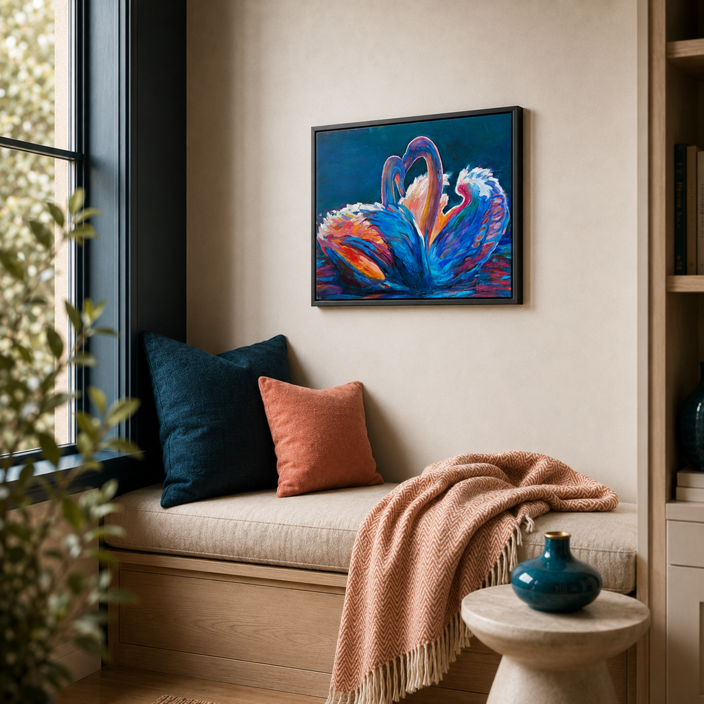 A framed abstract floral painting in vibrant blue, orange, and purple tones hangs on a beige wall above a cozy window seat with pillows and a throw blanket in a styled room setting.
