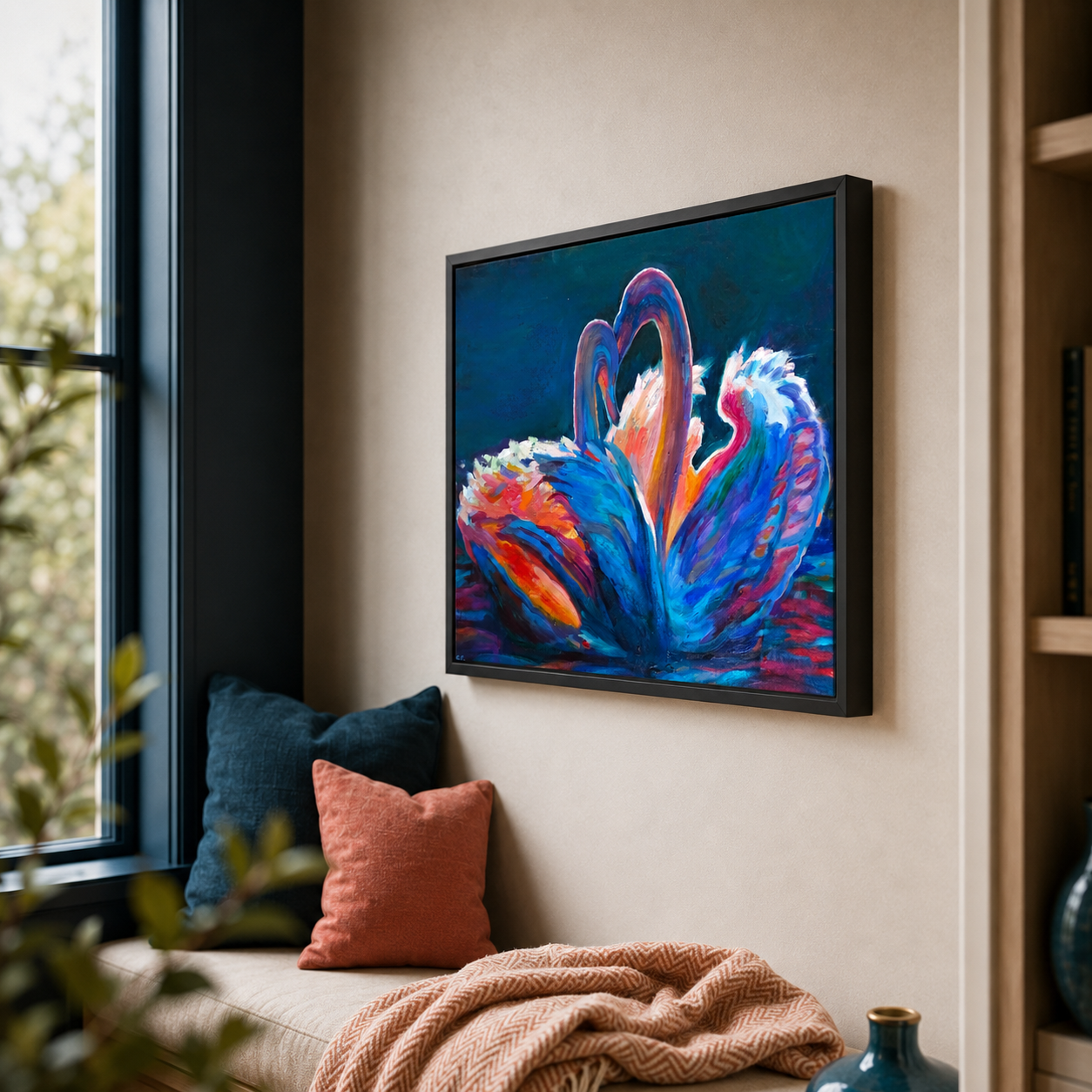 A framed abstract painting featuring vibrant blue, purple, orange, and white brushstrokes, displayed on a beige wall above a styled bench with pillows and a throw blanket.