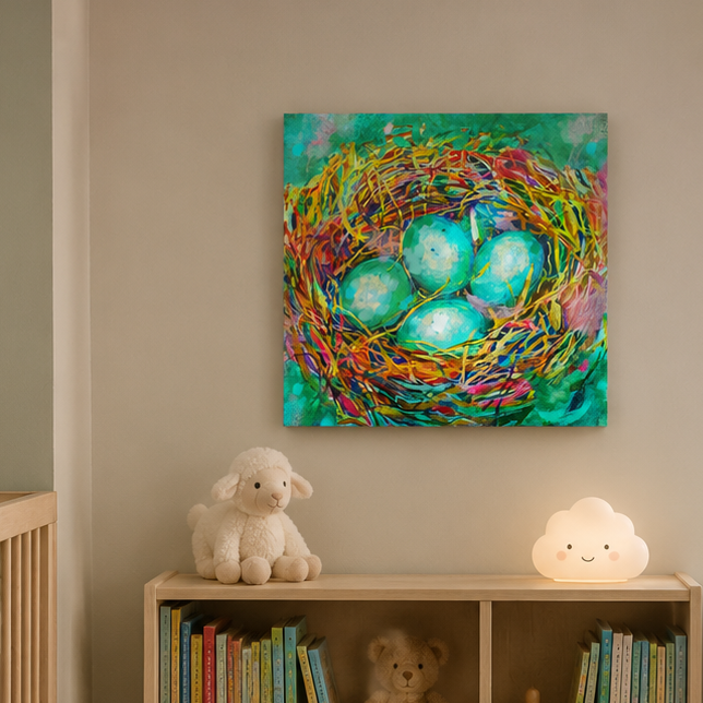A colorful square wall art print depicting three glowing turquoise eggs in a vibrant, multicolored nest, displayed in a child's bedroom above a light wood bookshelf with stuffed animals and books.