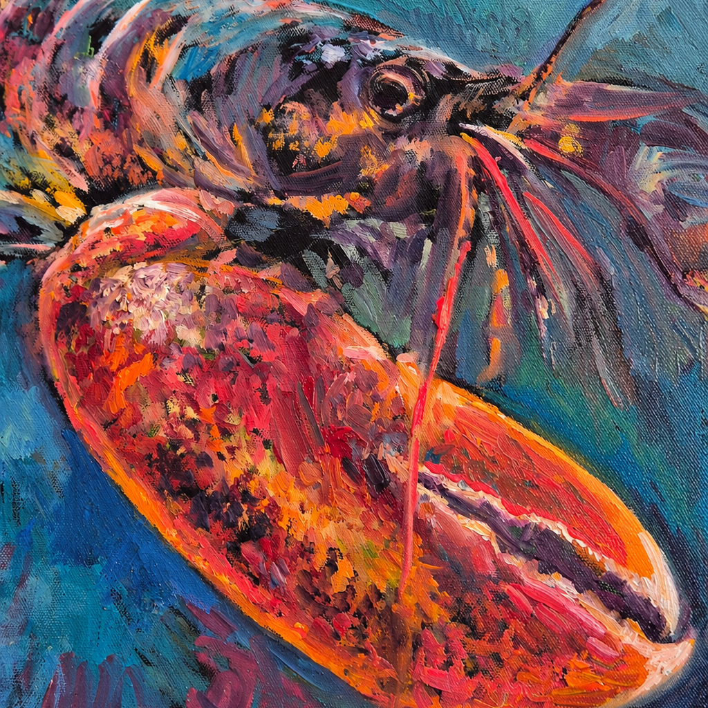 Close-up of the lobster’s claw and textured paint in The Grand Homard by Susan Gardner.