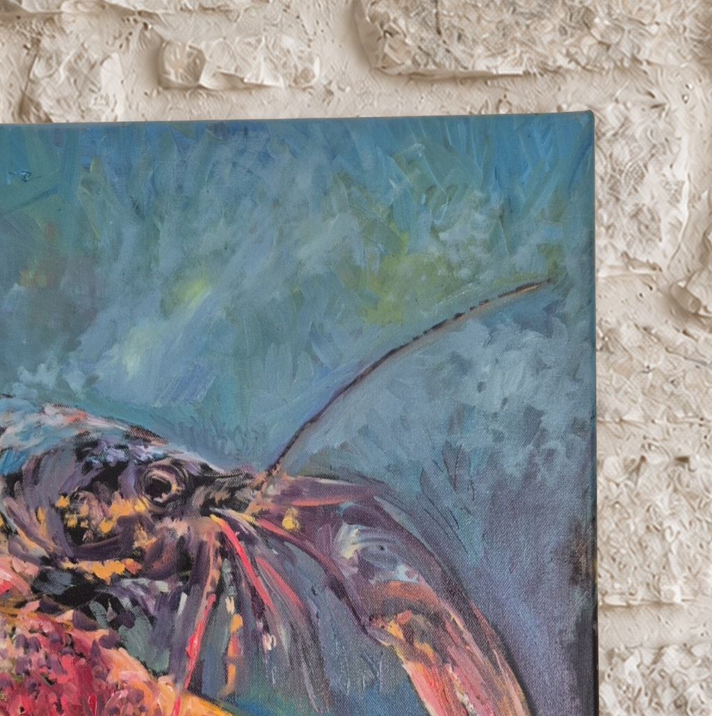 Close-up of the lobster’s head, antennae and surrounding blue paint in The Grand Homard by Susan Gardner.