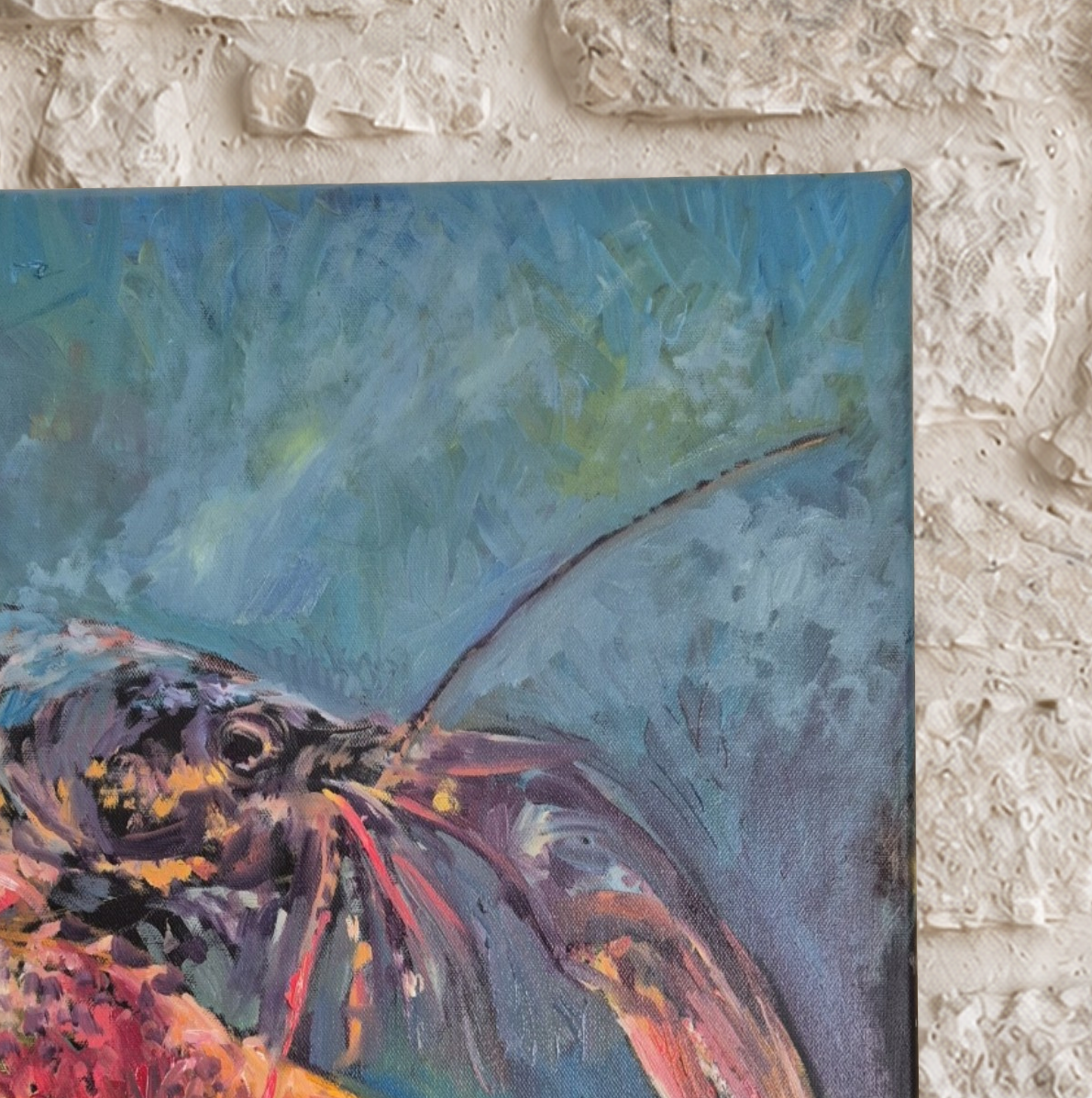 Close-up of the lobster’s head, antennae and surrounding blue paint in The Grand Homard by Susan Gardner.