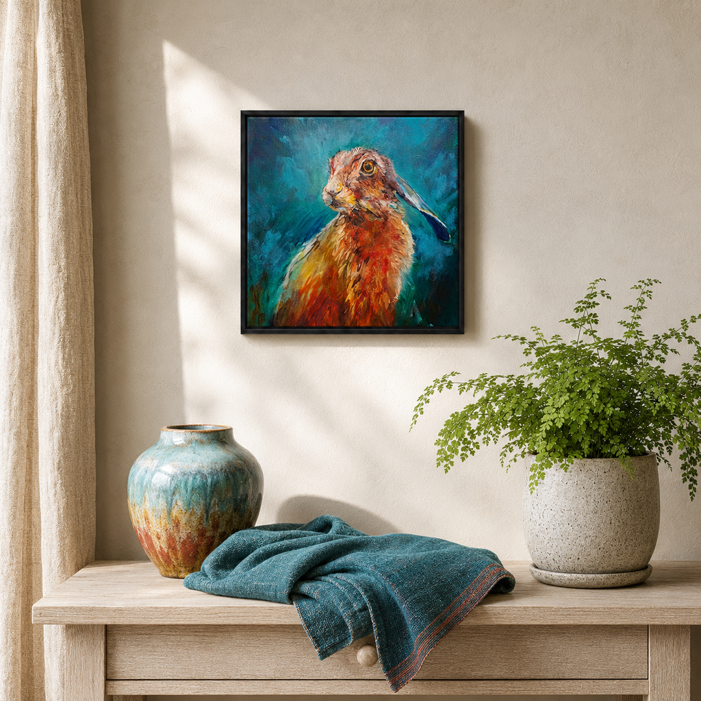 A framed square canvas painting of a hare in warm orange-brown tones against a teal background, displayed on a beige wall above a light wood console table with a vase, folded teal blanket, and potted plant.