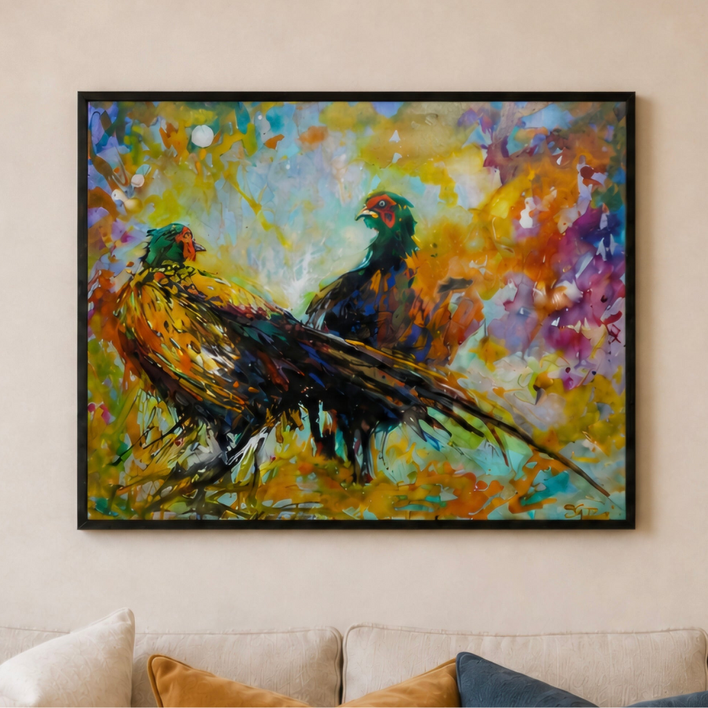 A framed colorful painting of two pheasants hanging on a beige wall above a sofa with cream, mustard, and navy pillows.