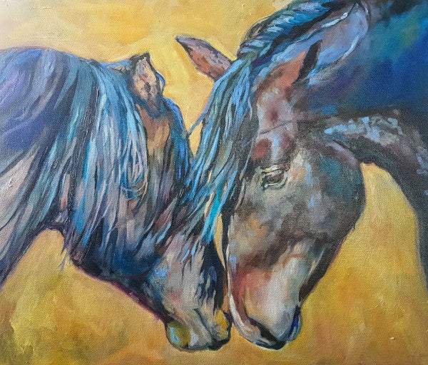 *Sold - Bay Horses Painting 70 x 70 cm - Animal Art by Susan Gardner - Contemporary Expressionist - Colourful Fine Art