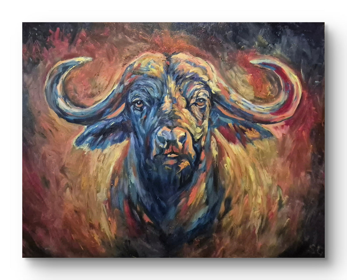 Unshakeable by Susan Gardner, an original painting of African buffalo.