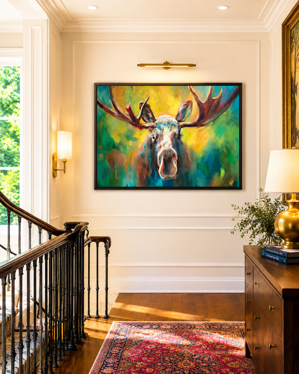 Framed painting of a moose on a wall in a home interior.