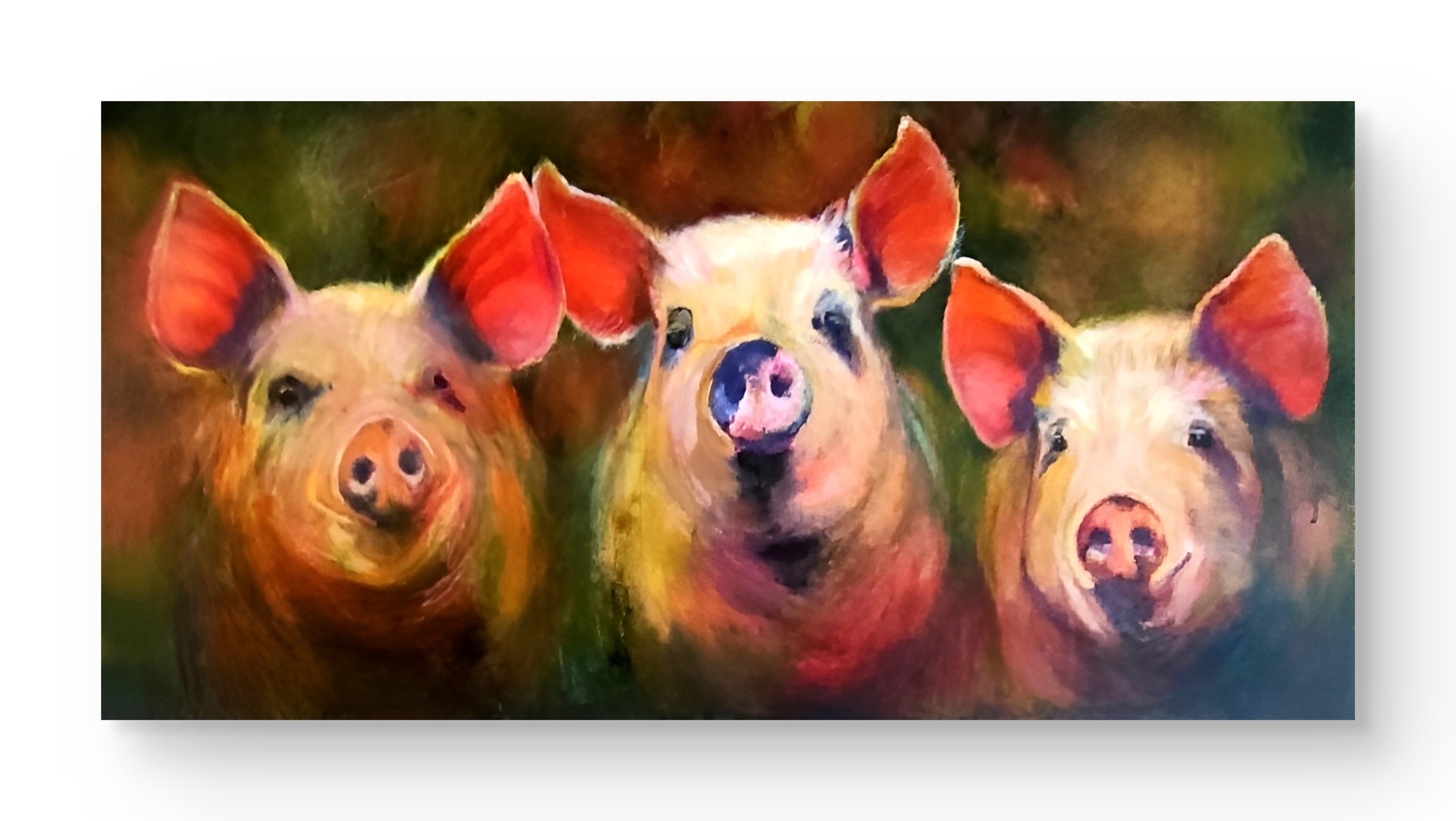 Three painted pigs with colorful background in an oil painting on canvas