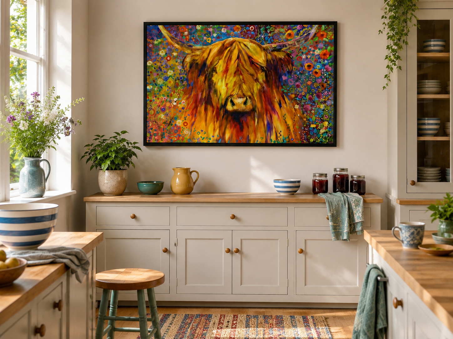 Colorful painting of a highland cow on a wall above a kitchen counter.