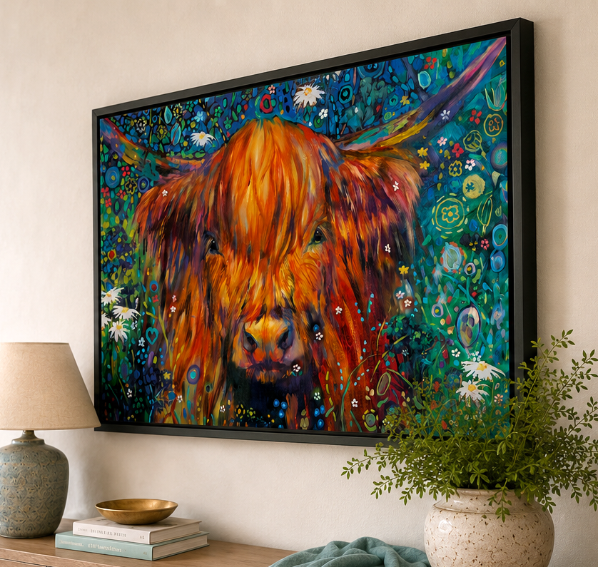 Braemar - Highland Cow Framed Canvas Print | Colourful Wildflower Cow Wall Art