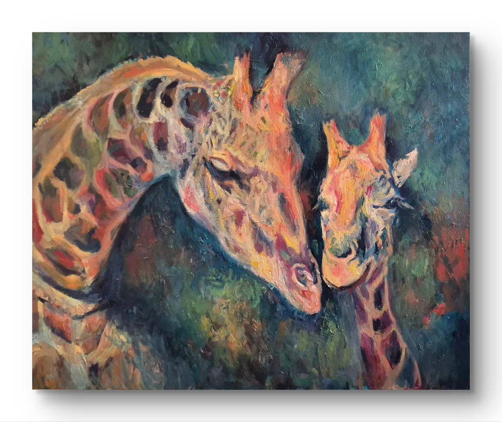 Colorful painting of two giraffes facing each other against a dark background